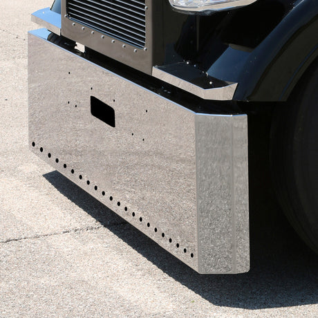 Peterbilt 379 stainless steel 18" switchback end bumper with 3/4" light cutouts with tow hole for semi trucks