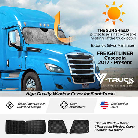 Close-up of Freightliner Cascadia 2018+ without sensor sun shields - 3 piece kit