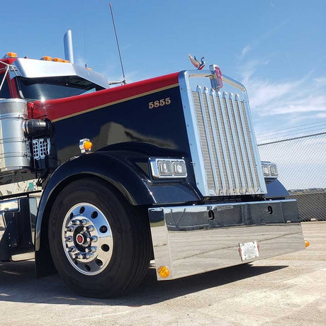 18" Kenworth W900L, W900B mitered end chrome blind mount bumper with watermelon side cutouts with tow holes