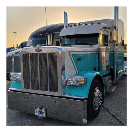 20" Peterbilt 365, 367, 388, 389, 567 mitered end stainless steel bumper with tow hole and watermelon side cutouts