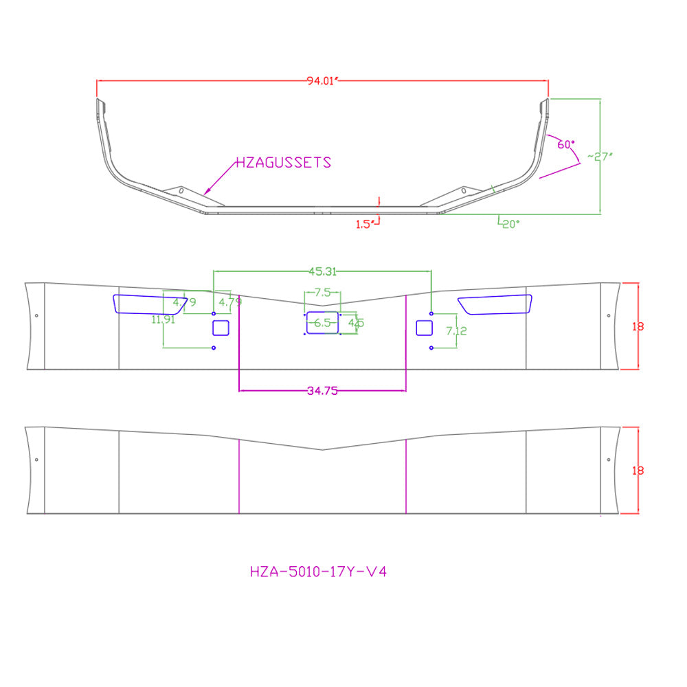 Peterbilt 579 2021+ Setback Axle 18" Chrome Bumper with Tow, Radar and OEM Fog Light Holes