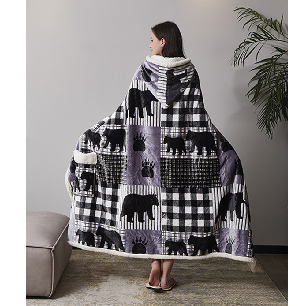 50" x 70" Hooded Sherpa Black & White Plain Bear Wearable Throw
