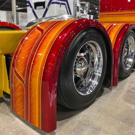 Close-up of 100" Shift products single axle fiberglass fender with 1" lip
