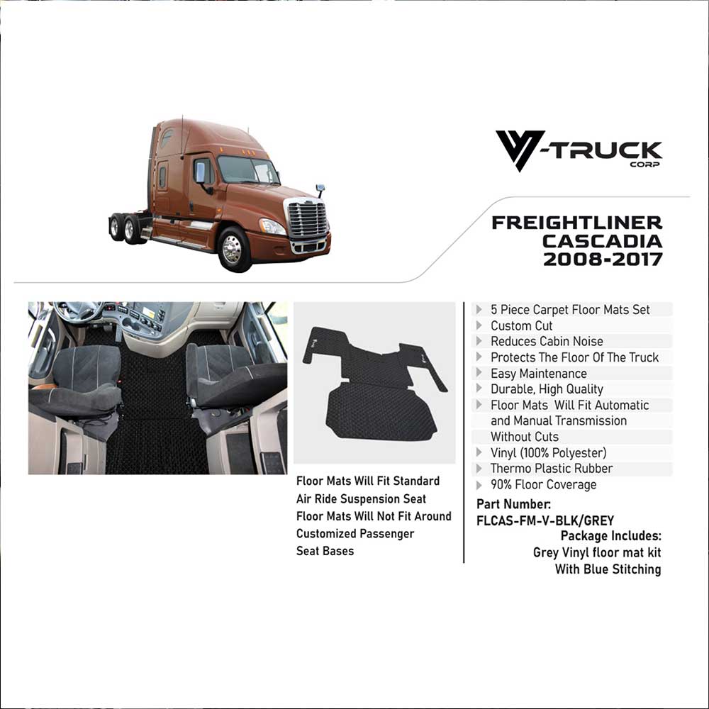 Freightliner Cascadia 2008 - 2017 Five Piece Black Vinyl with Grey Diamond Design Floor Mat Set