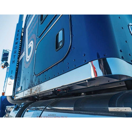 Close-up of 72" X 1" Kenworth W900L stainless steel sleeper panel