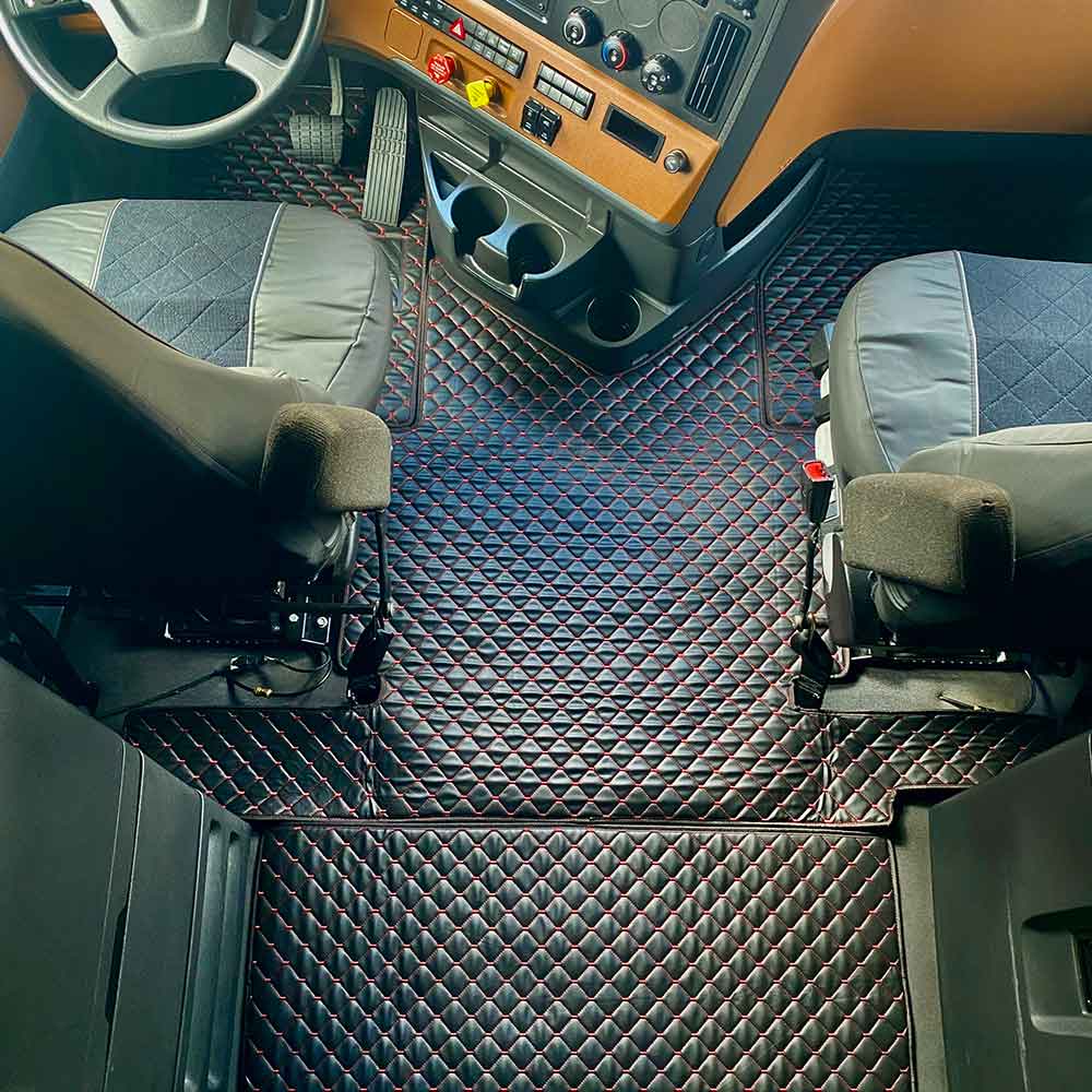 Freightliner Cascadia 126 New Gen 2017+ Five Piece Black Leather with Diamond Design Floor Mat Set