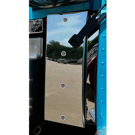 Peterbilt 589 stainless steel cowl panels four 3/4" button lights, close-up