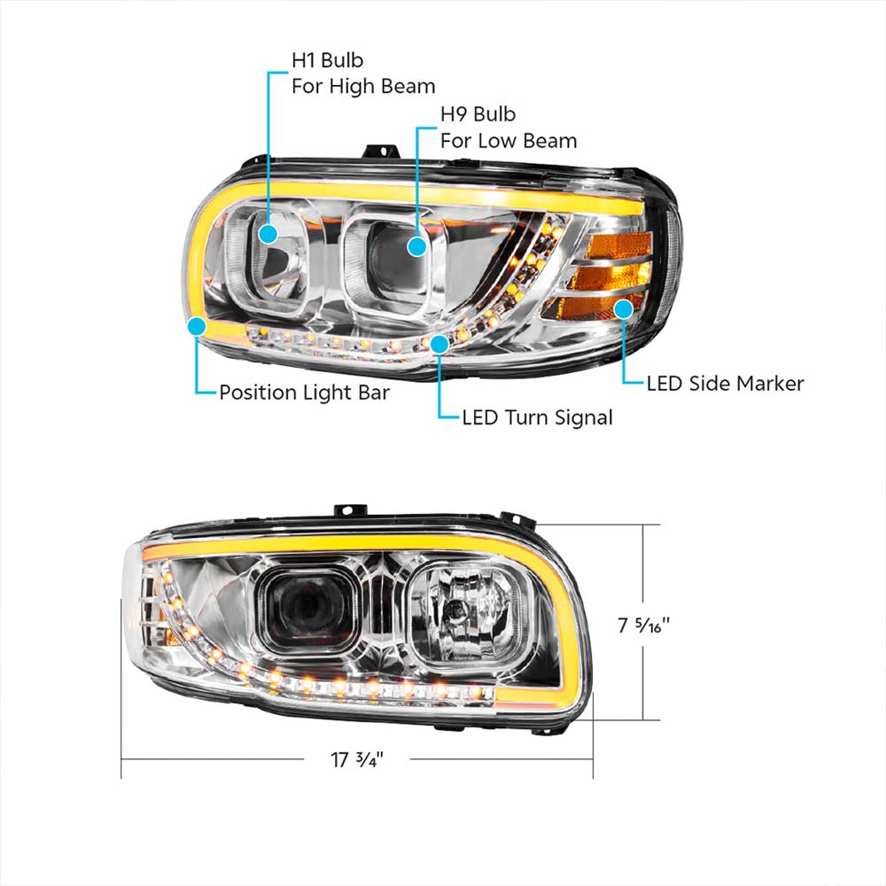 Peterbilt 388, 389, 567 Projection Headlight with LED Turn Signal & Position Light Bar