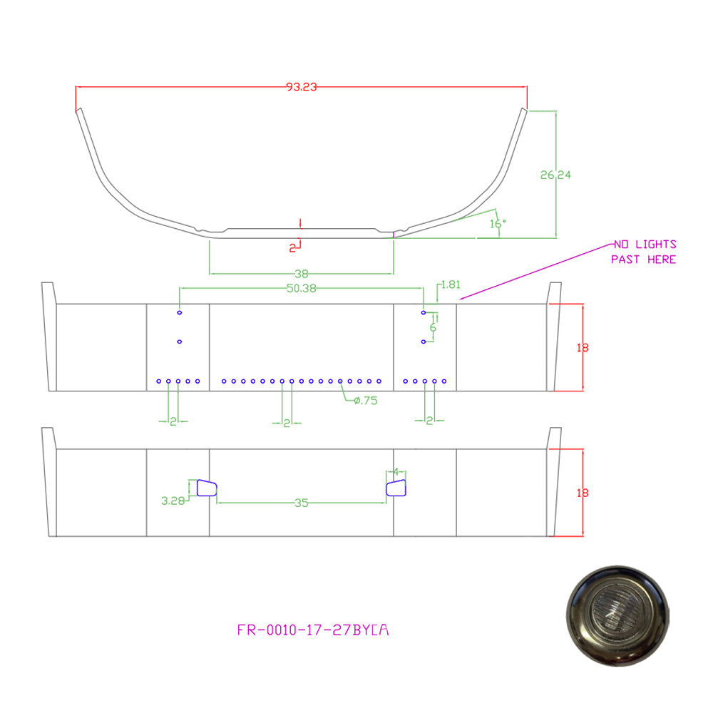 Kenworth T660 18" Setback Axle Bumper with 3/4" Amber/Clear Button Lights and Tow Hole