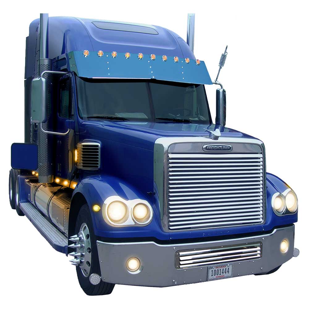 Freightliner Coronado 2003-2016 with Mid Roof 18" SS Drop Visor with Ten 2" Light Holes