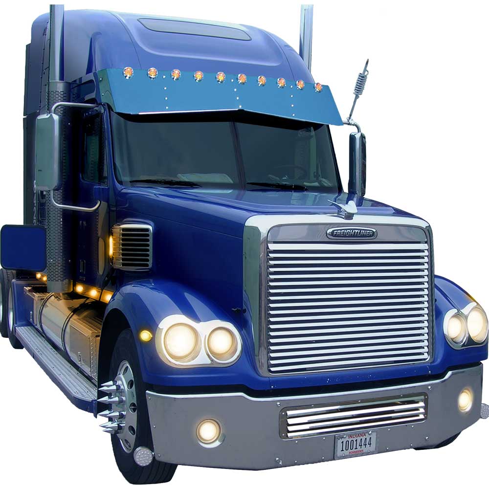 Freightliner Coronado 2003-2016 with Mid Roof 18" x 16" SS Bowtie Visor with Ten 2" Light Holes