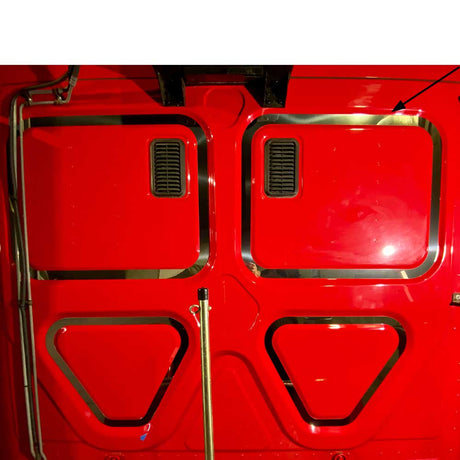 Freightliner Cascadia stainless steel top rear square indent trim - pair, close-up