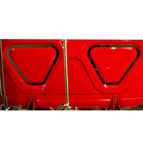 Freightliner Cascadia stainless steel lower rear triangle indent trim - pair, close-up