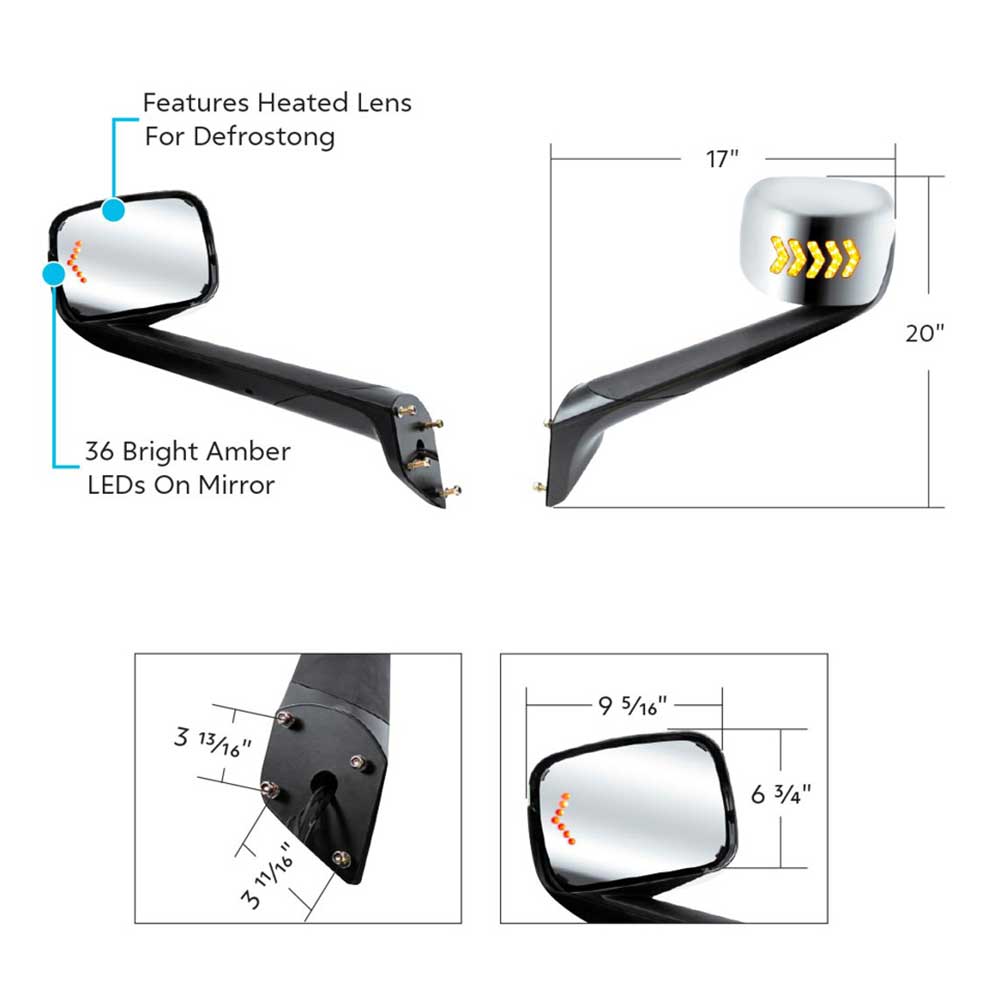 Freightliner Cascadia 2018+ Heated Hood Mirror Assembly with LED Lights