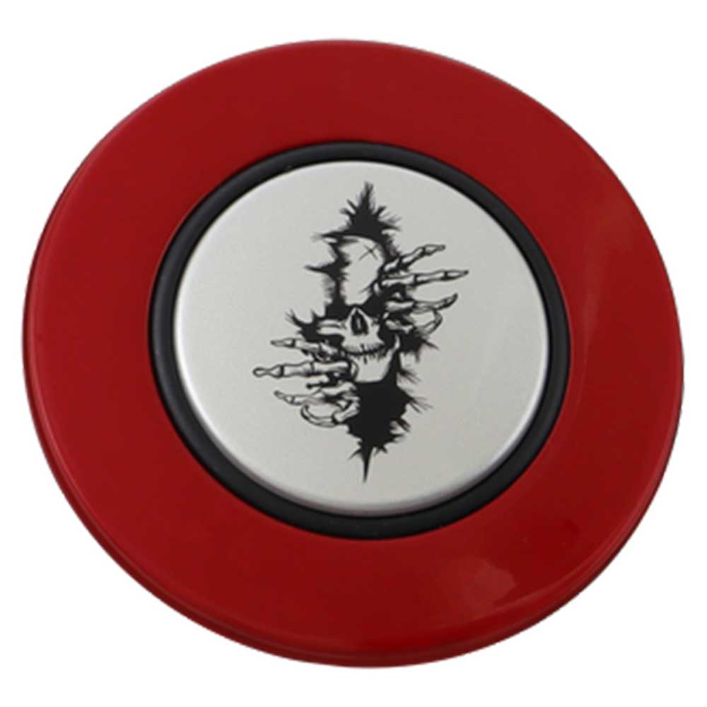 Magnetic Horn Button with Crawling Skull on Silver Medallion - Classic Red