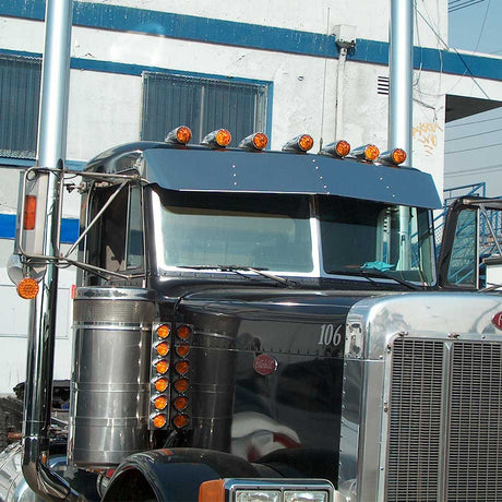 13" SS drop visor 2024 and older Peterbilt 300 series with door mounted mirrors, close-up