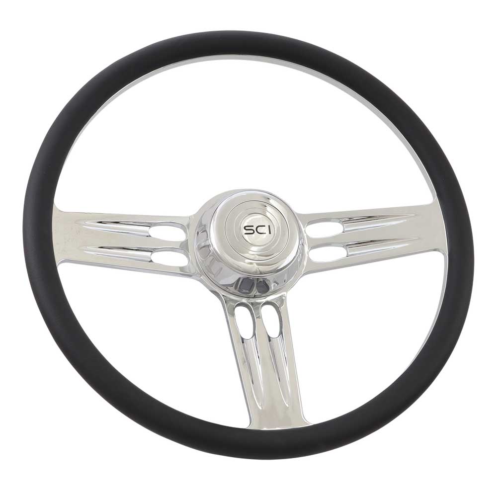 18" Triple Threat Leather Half Wrap Billet Chrome Aluminum 3-Spoke Steering Wheel