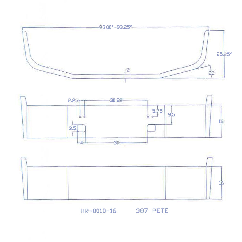 Peterbilt 387 1999-2001 16" Set Back Axle Chrome Bumper with Tow Hole Cut Out