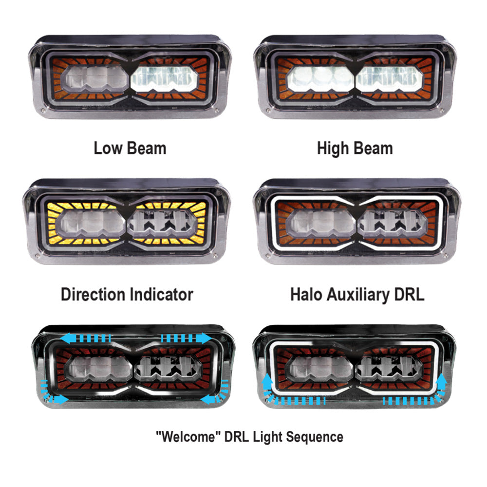 Peterbilt Kenworth Freightliner Blackout Chrome Visor LED Headlight