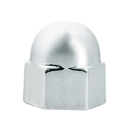 Close-up of 7/16" X 5/8" chrome acorn push-on nut covers - 50 pk