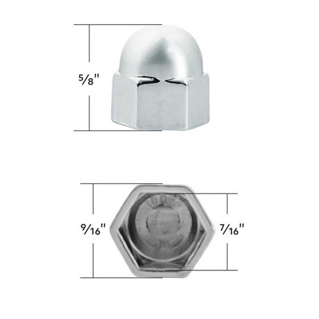 Another angle of 7/16" X 5/8" chrome acorn push-on nut covers - 50 pk