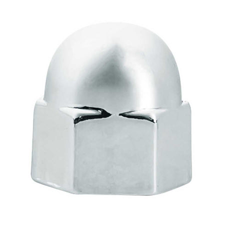 Close-up of 3/8" X 5/8" chrome acorn push-on nut covers - 50 pk