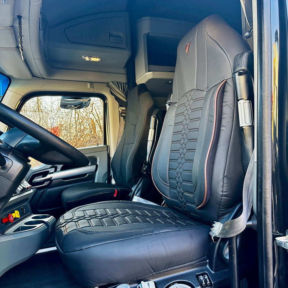 Kenworth T680, T880, W990 Black Faux Leather with Brown Stitching Seat Cover