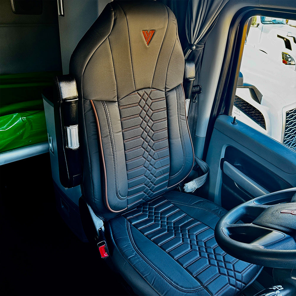 Kenworth T680, T880, W990 Black Faux Leather with Brown Stitching Seat Cover
