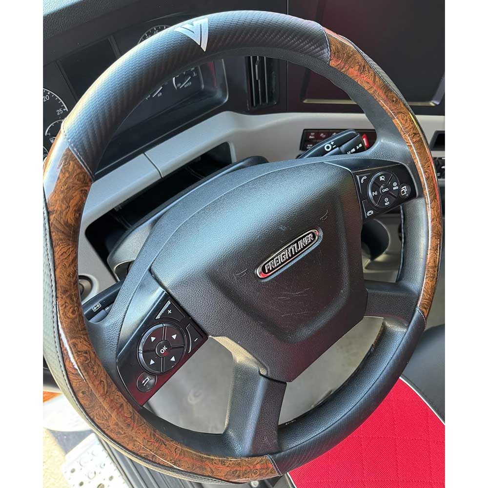 18" Black Faux Leather with Brown Wood  Steering Wheel Cover
