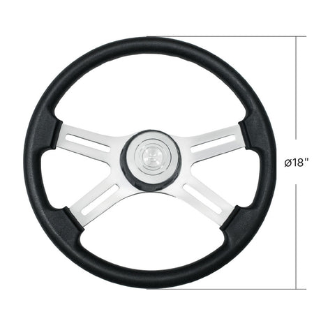 Close-up of 18" Black 4 spoke poly rim steering wheel with horn, bezel