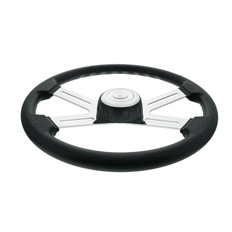 18" Black 4 spoke poly rim steering wheel with horn, bezel, close-up