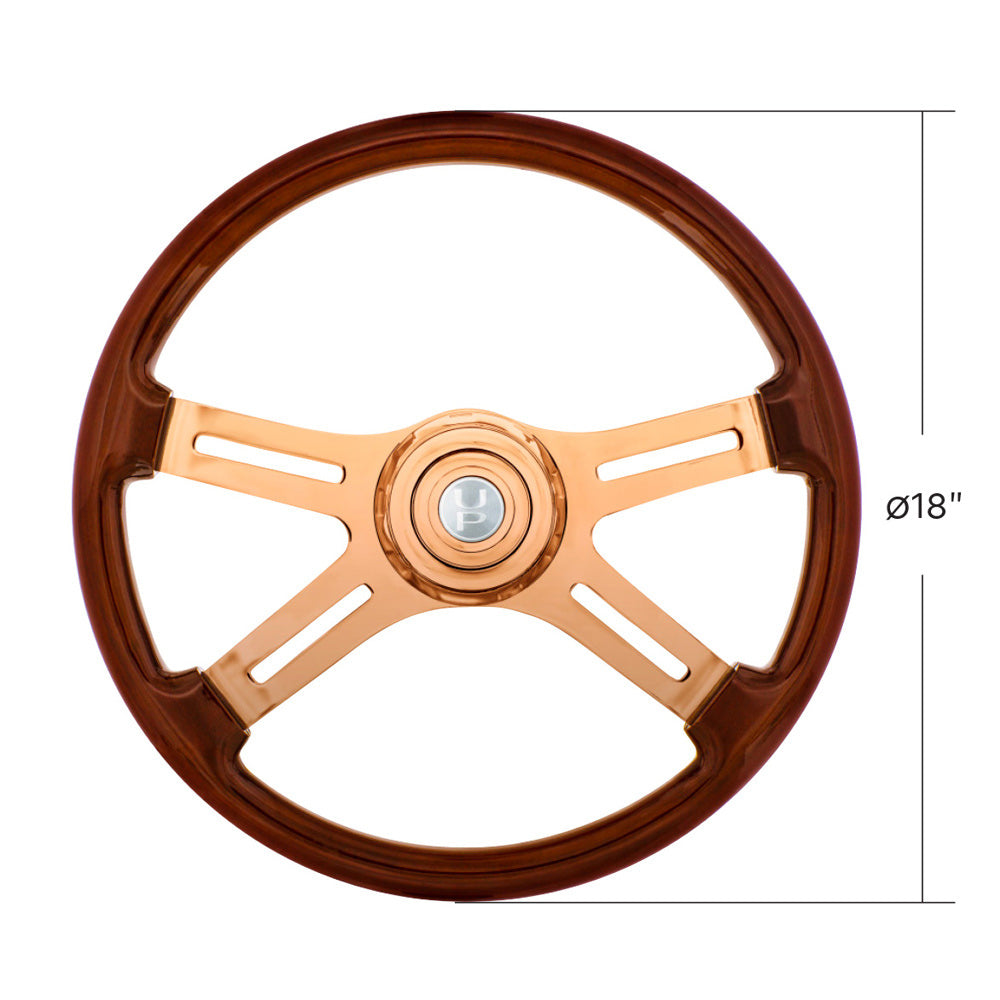 18" Wood Rim Rose Gold 4 Spoke Poly Rim Steering Wheel with Horn, Bezel