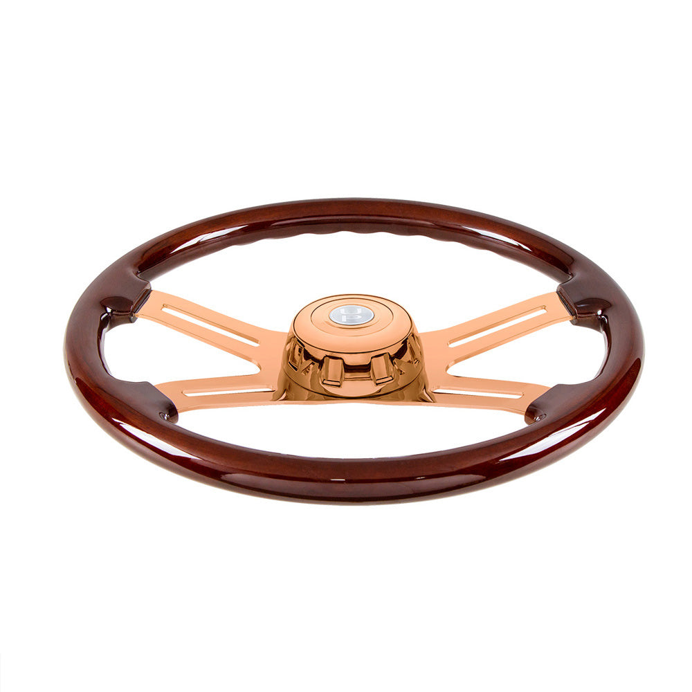18" Wood Rim Rose Gold 4 Spoke Poly Rim Steering Wheel with Horn, Bezel
