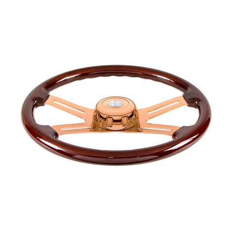 18" Wood rim rose gold 4 spoke poly rim steering wheel with horn, bezel, close-up