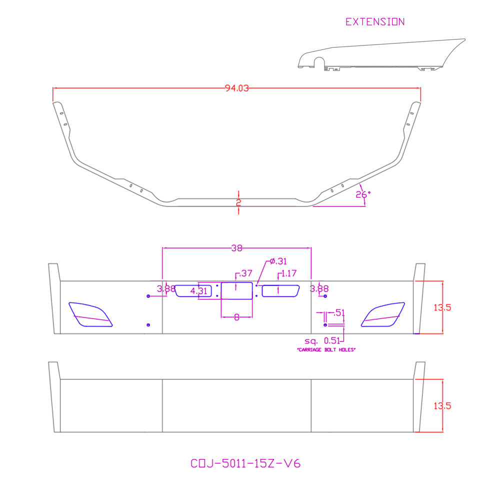 14" FL Cascadia Chrome Bumper with Fogs, Tow, Vents and Radar