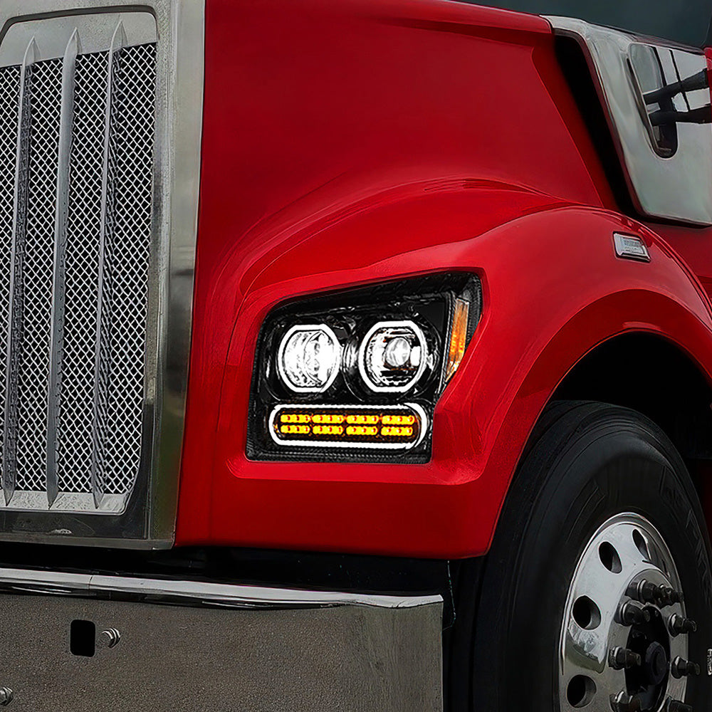 Kenworth W990 Black High Power LED Turn, LED Halo Light Headlight