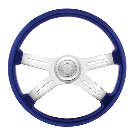 Close-up of 18" Painted wood 4 spoke steering wheel w/ chrome horn bezel, button