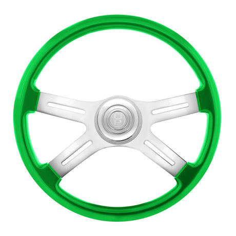 18" Painted wood 4 spoke steering wheel w/ chrome horn bezel, button, closer view