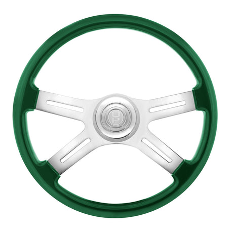 Another angle of 18" Painted wood 4 spoke steering wheel w/ chrome horn bezel, button