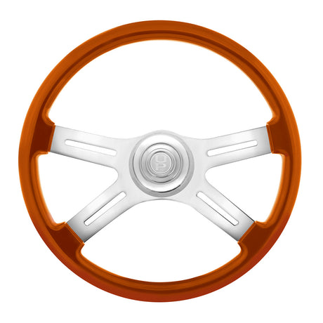 18" Painted wood 4 spoke steering wheel w/ chrome horn bezel, button from another angle