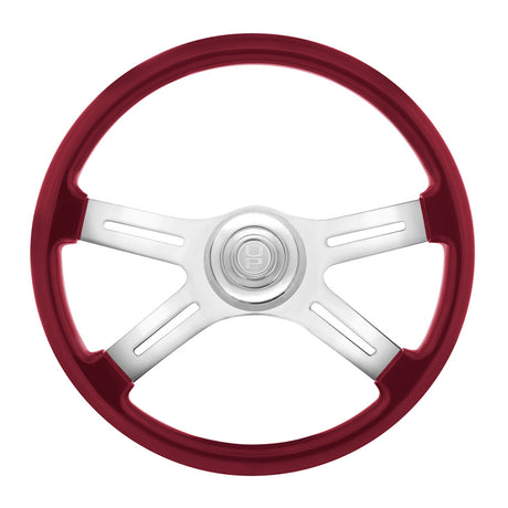 Closer view of 18" Painted wood 4 spoke steering wheel w/ chrome horn bezel, button