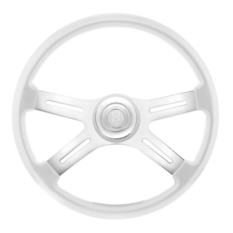 Detail of 18" Painted wood 4 spoke steering wheel w/ chrome horn bezel, button