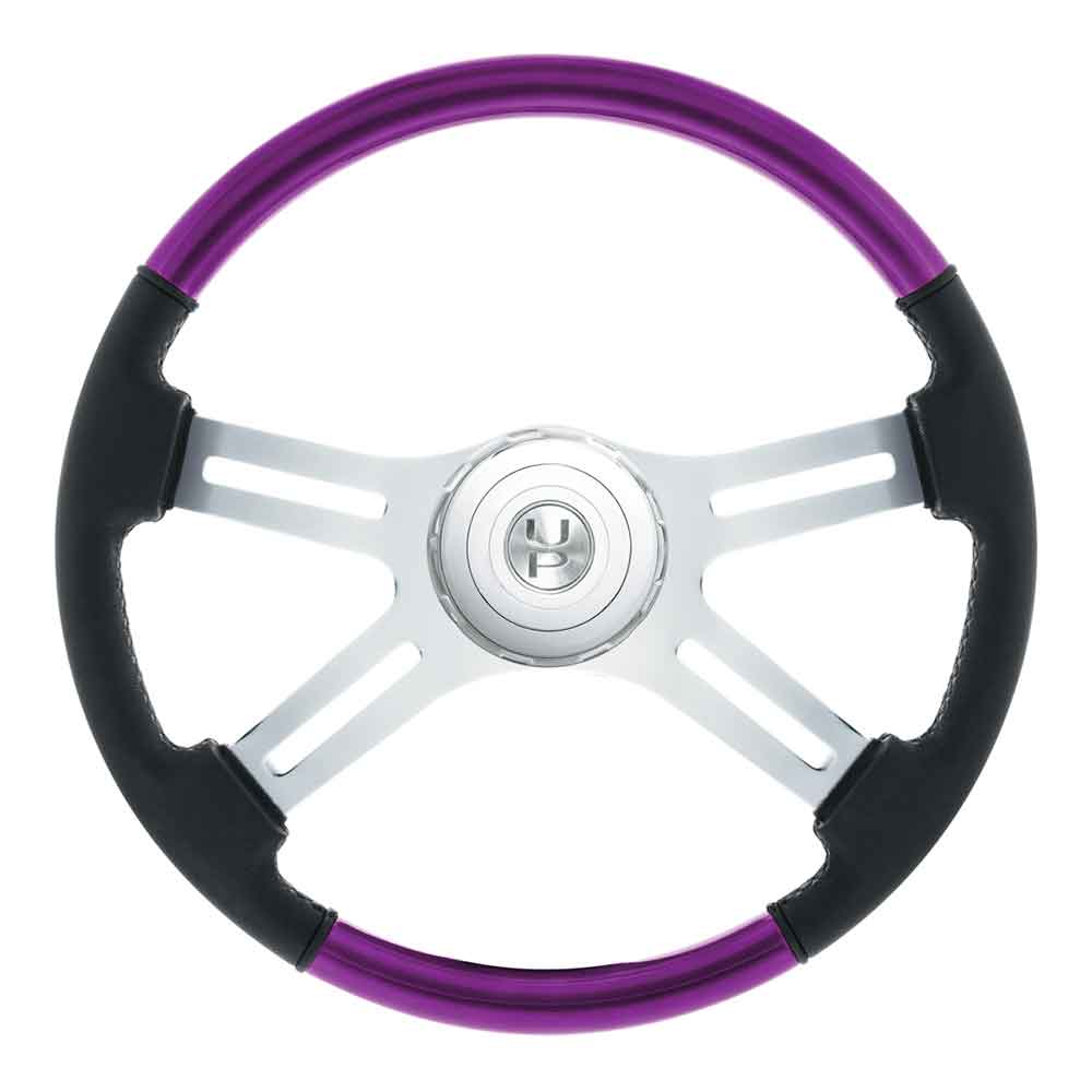 18" Purple Leather & Wood 4 Spoke Steering Wheel with Chrome Horn Bezel