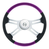 18" Leather & Wood 4 Spoke Steering Wheel with Chrome Horn Bezel