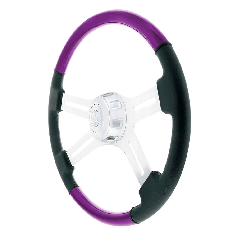 18" Purple Leather & Wood 4 Spoke Steering Wheel with Chrome Horn Bezel