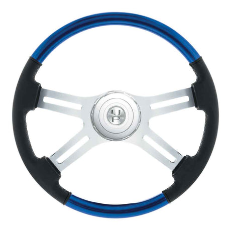 18" Indigo blue leather and wood 4 spoke steering wheel with chrome horn bezel