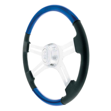 18" Indigo blue leather and wood 4 spoke steering wheel with chrome horn bezel, close-up