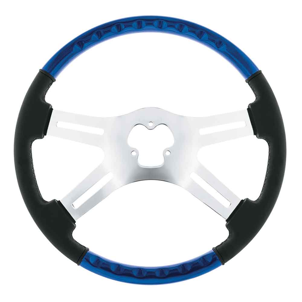 18" Indigo Blue Leather & Wood 4 Spoke Steering Wheel with Chrome Horn Bezel