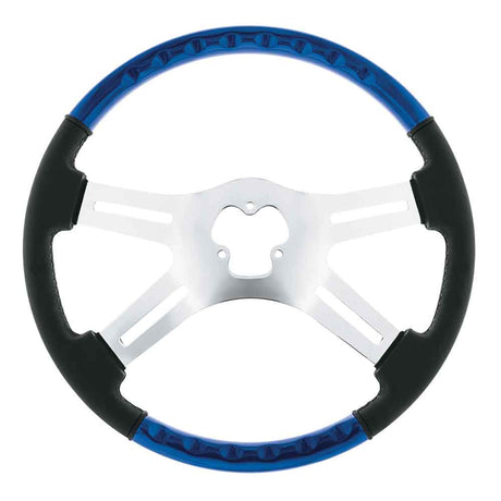 Close-up of 18" Indigo blue leather and wood 4 spoke steering wheel with chrome horn bezel