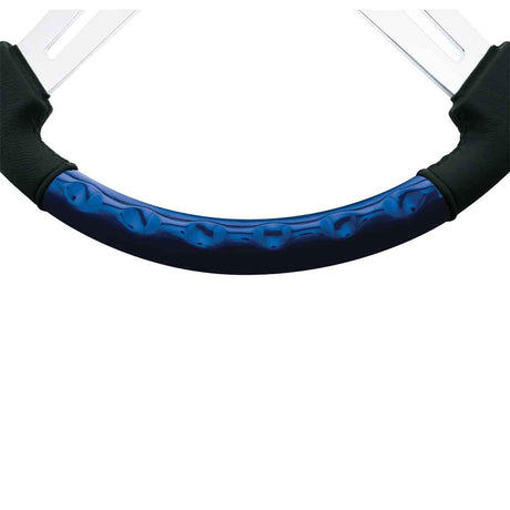 18" Indigo blue leather and wood 4 spoke steering wheel with chrome horn bezel, closer view